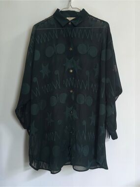 Vtg Sand Dollars Green Jacquard Star Oversized Tunic Blouse XL 2XL Artsy Musical